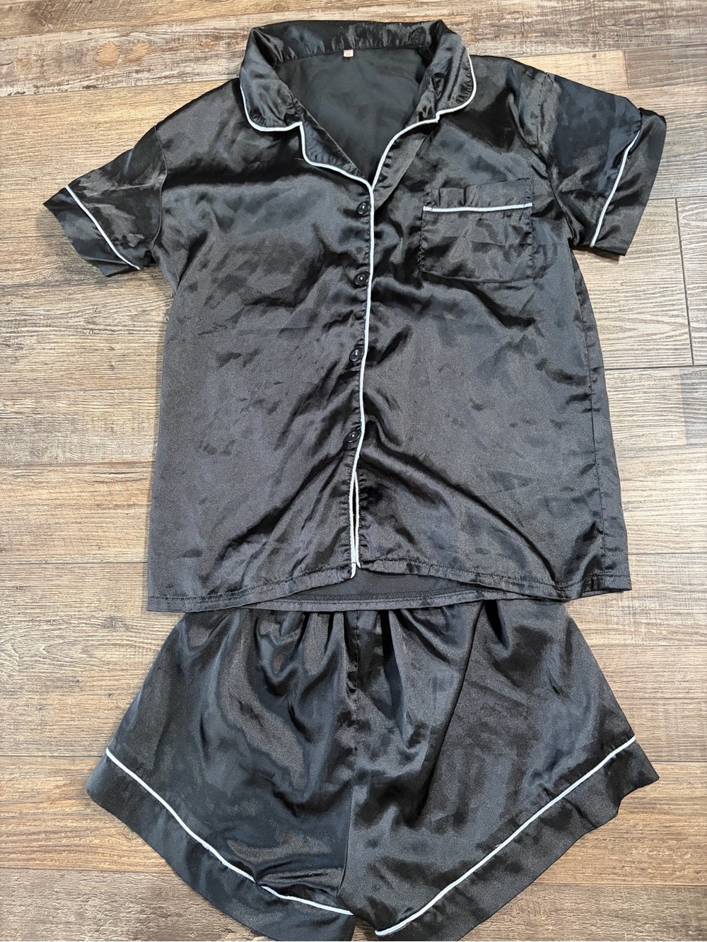 Women's Black Satin Short Pajama Set with White Piping